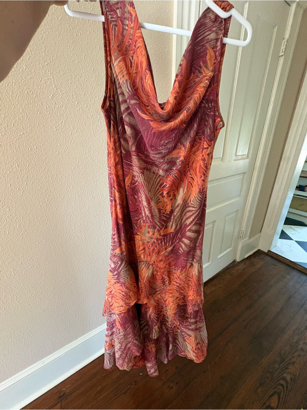 Sleeveless Cowl Neck Tropical Print Dress in Orange and Burgundy